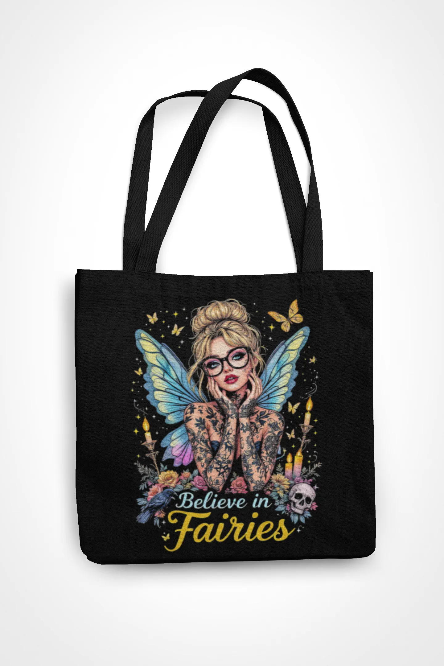 Believe in Fairies #1 tote bag BK mockup 1 Believe In Fairies | praktická bavlněná nákupní taška s potiskem - Obrázek 1